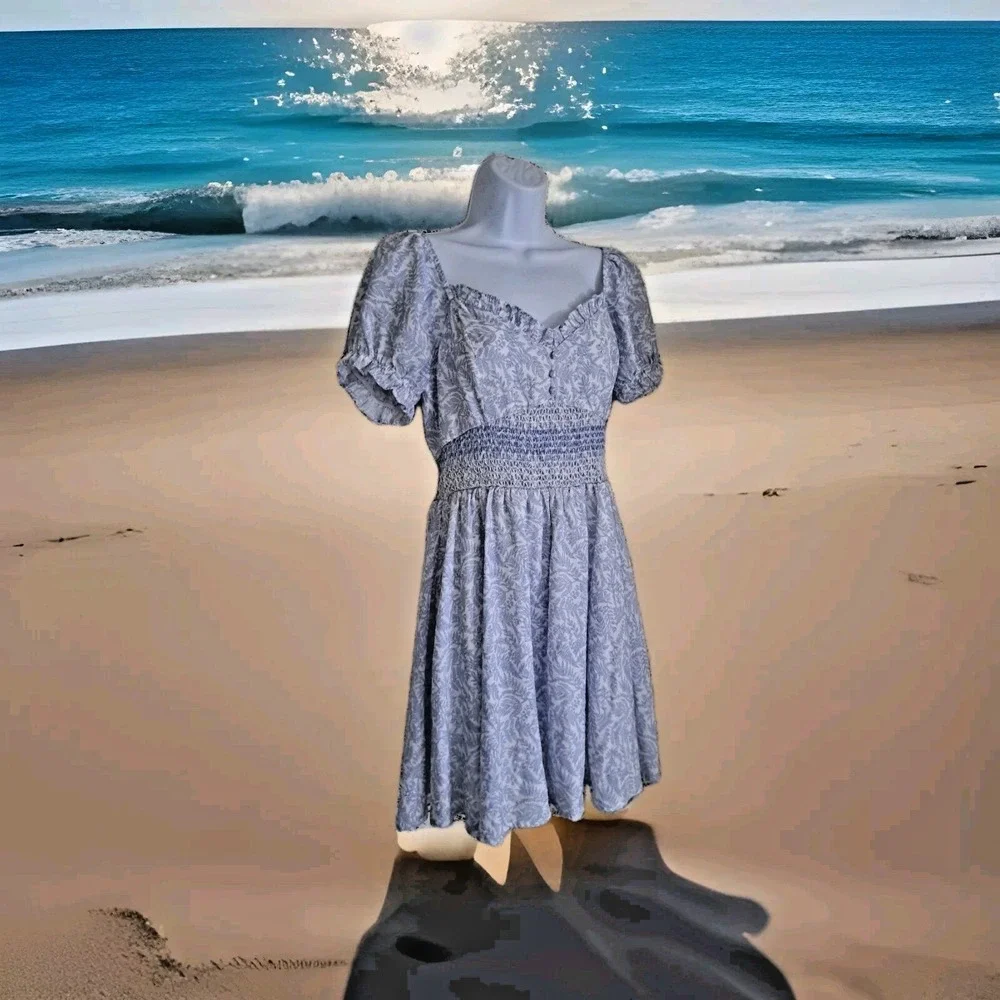 Lulus Mini Dress L Periwinkle Blue Print Puff Sleeve Sweetheart Neckline Smocked